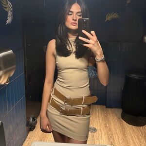 Zara Tan Double Belted Mini Dress